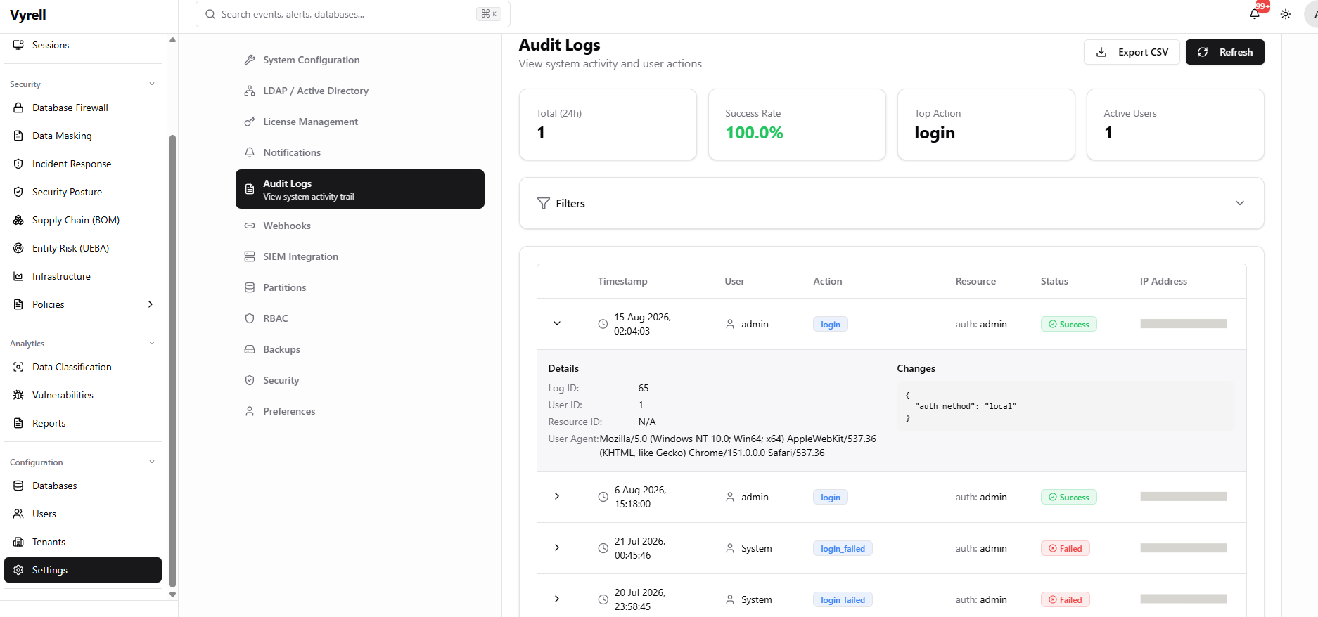 Vyrell audit log showing system activity with expanded detail: log ID, user ID, auth method and user agent, alongside successful and failed login records.